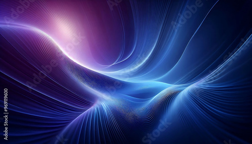 A smooth flowing abstract background featuring gradients of deep blues and purples with soft curves and light reflections creating a serene and ethereal ambiance