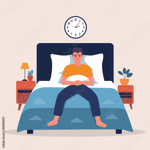 Men sleepless at midnight suffer from insomnia Sad tired male characters flat art vector illustration design.