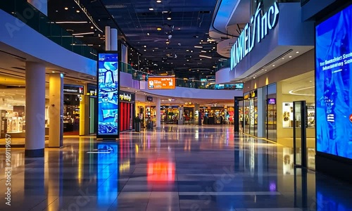 Modern shopping mall interior with bright digital displays.