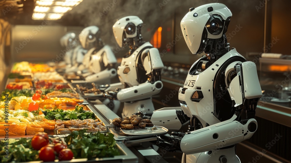 Fototapeta premium Autonomous food preparation robots in restaurants: Robotic chefs cooking and serving meals.