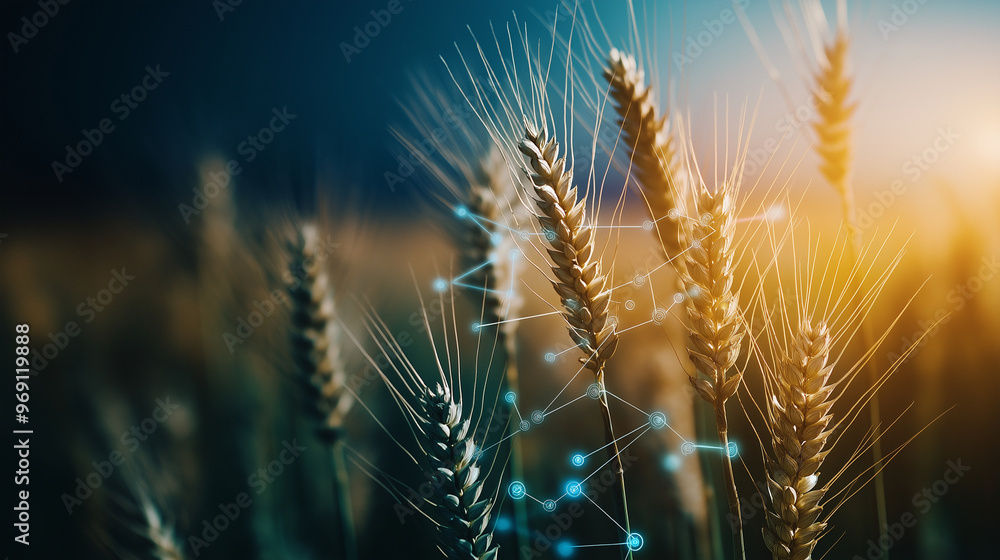 Fototapeta premium A close-up of golden wheat stalks glowing under the morning sun, with a subtle overlay of digital graphics representing the detection of viral and bacterial threats in the crops.