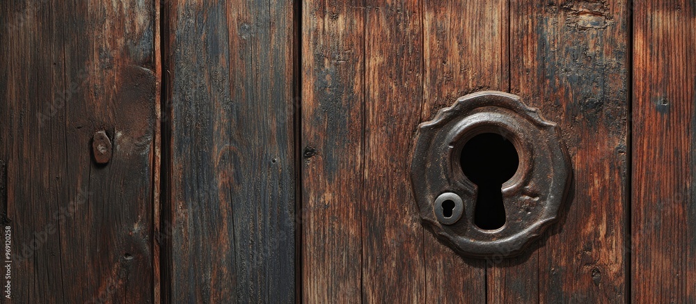 Fototapeta premium Antique wooden door featuring an old keyhole with a key. with copy space image. Place for adding text or design
