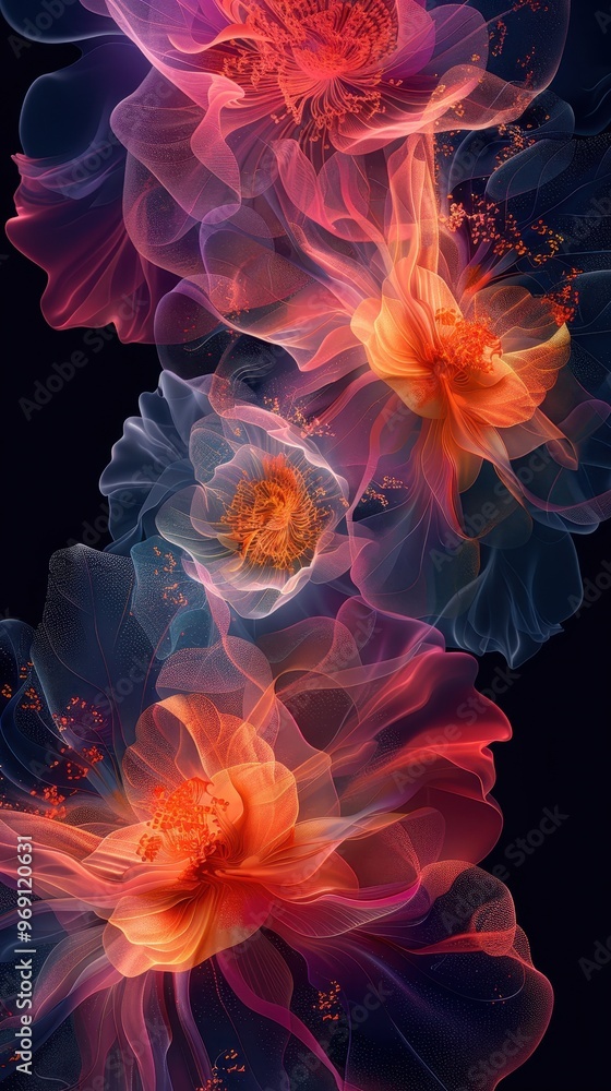 Obraz premium wallpaper with transparent red abstract flowers on a black background
