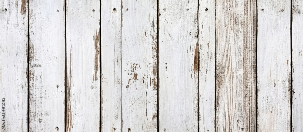 Fototapeta premium Old white painted exfoliated rustic bright light wooden texture long panoramic banner of shabby wood background. with copy space image. Place for adding text or design