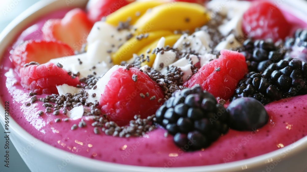 Close-up of a Bowl with Pink Smoothie Topped with Fresh Fruit and Chia Seeds Close-up of a Bowl with Pink Smoothie Topped with Fresh Fruit and Chia Seeds