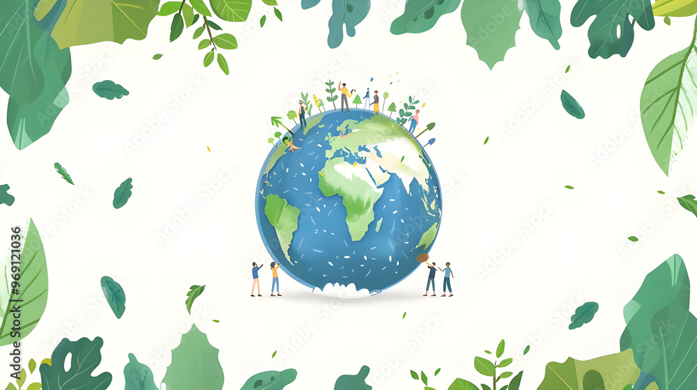 Earth Day concept. Tiny people planting trees and cleaning around the Earth globe, surrounded by green leaves. Environmental protection, sustainability, and eco-friendly lifestyle. Earth Day concept. Tiny people planting trees and cleaning around the Earth globe, surrounded by green leaves. Environmental protection, sustainability, and eco-friendly lifestyle.