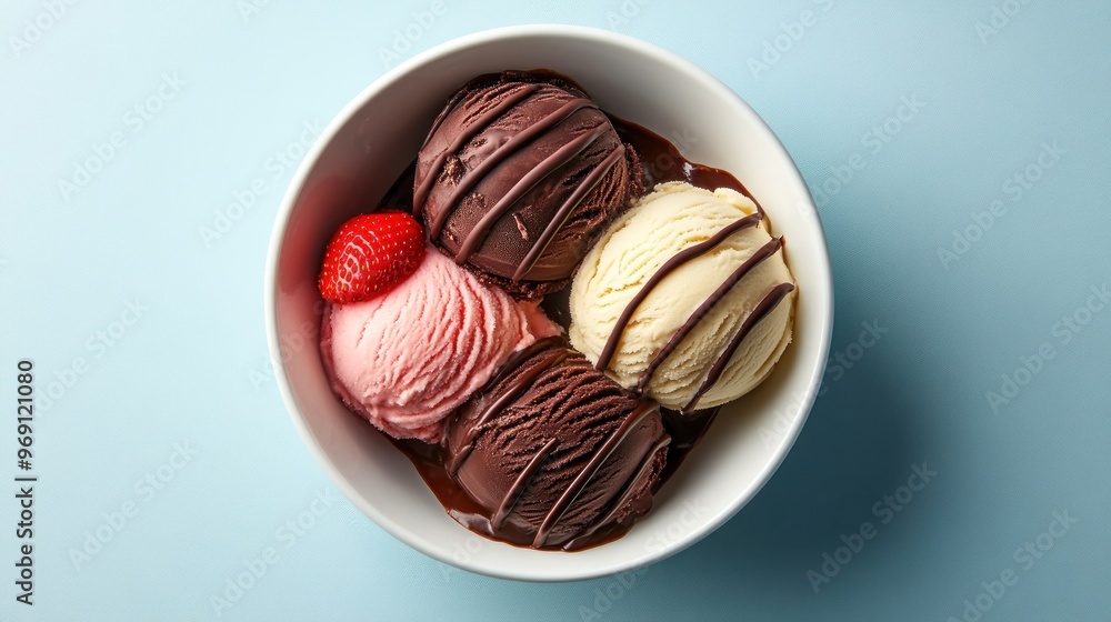 Delicious Ice Cream Sundae with Chocolate, Vanilla, and Strawberry Scoops Delicious Ice Cream Sundae with Chocolate, Vanilla, and Strawberry Scoops
