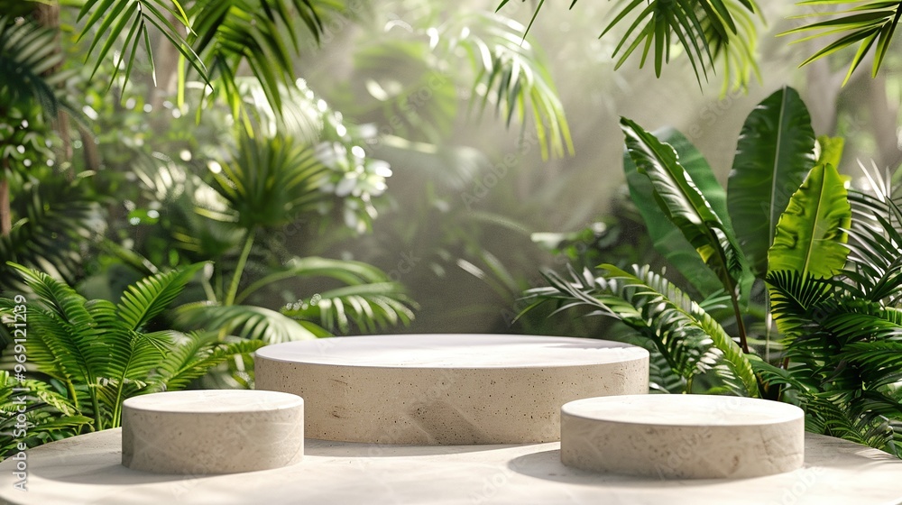 product display podium with green nature elements, wood pedestal, and forest backdrop perfect for cosmetics, beauty presentation, and tropical scene mockups product display podium with green nature elements, wood pedestal, and forest backdrop perfect for cosmetics, beauty presentation, and tropical scene mockups