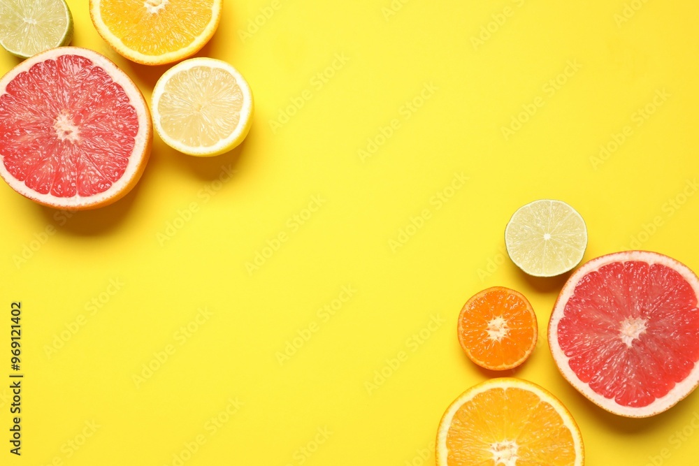 Tropical fruits on a colored background. Summer concept. Flat lay, top view, copy space Tropical fruits on a colored background. Summer concept. Flat lay, top view, copy space