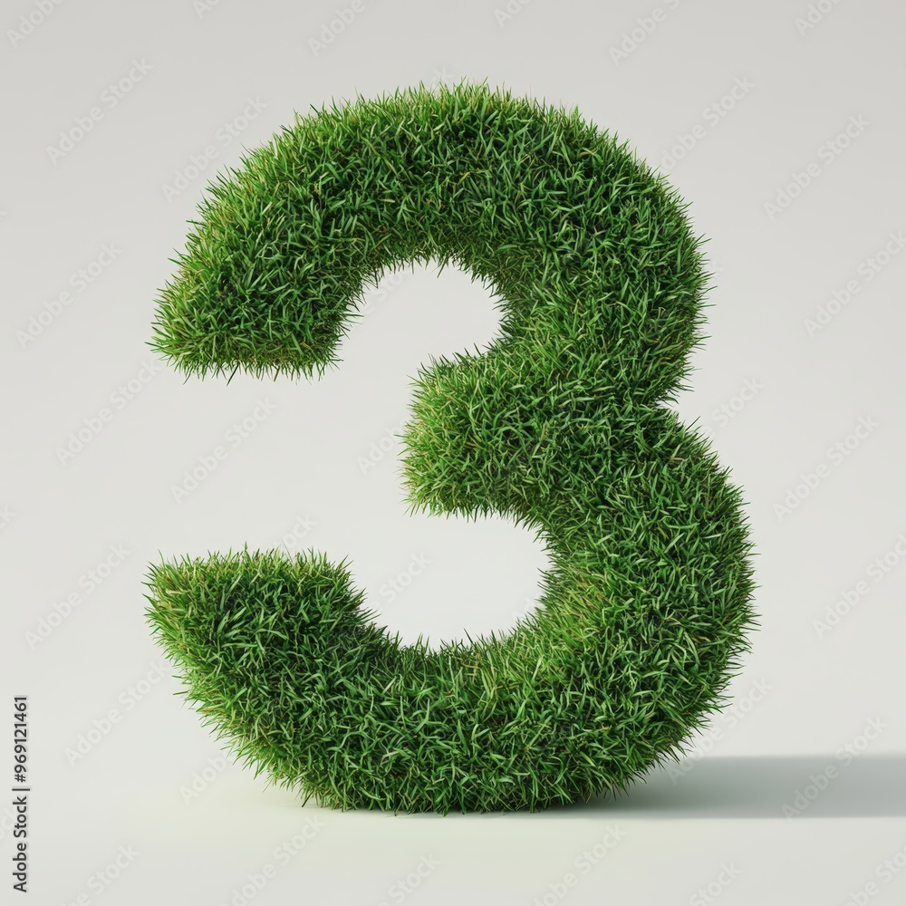 3D number 3 with grass texture realistic modern design, soft lighting, white background 3D number 3 with grass texture realistic modern design, soft lighting, white background