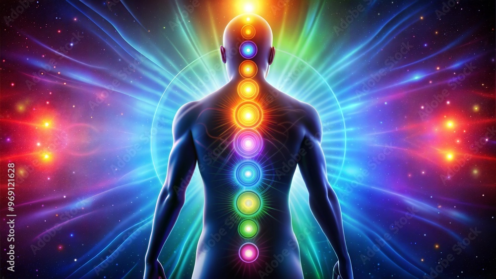 Back view of a toned figure with glowing chakras along the spine, radiating colorful energy in cosmic background Back view of a toned figure with glowing chakras along the spine, radiating colorful energy in cosmic background