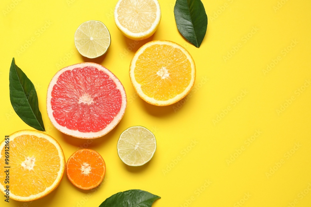 Tropical fruits on a colored background. Summer concept. Flat lay, top view, copy space Tropical fruits on a colored background. Summer concept. Flat lay, top view, copy space