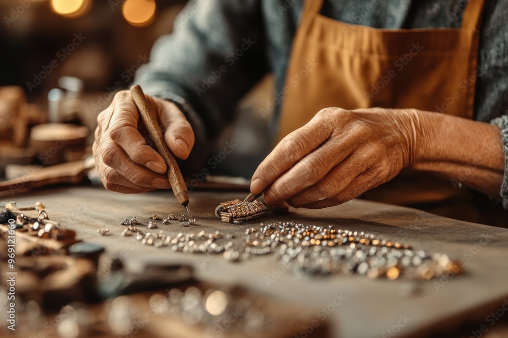 A skilled jeweler uses precision tools to craft intricate handmade jewelry, showcasing artisanal craftsmanship and attention to detail. A skilled jeweler uses precision tools to craft intricate handmade jewelry, showcasing artisanal craftsmanship and attention to detail.