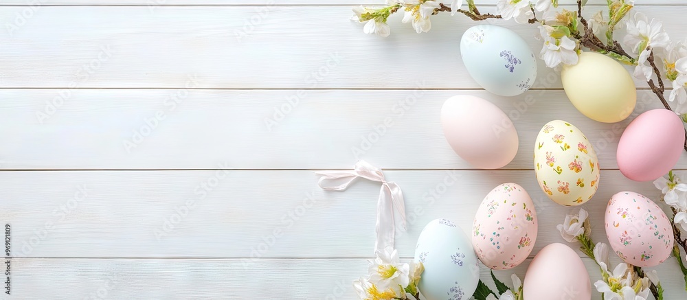 Obraz premium Top view Easter decorations are placed on a white wooden background with copy space for your text Concept EASTER