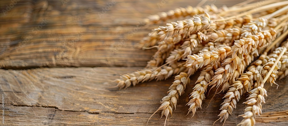 Wheat Ears on a Wooden Table Bundle of Wheat on a Wood Background Harvest theme. with copy space image. Place for adding text or design Wheat Ears on a Wooden Table Bundle of Wheat on a Wood Background Harvest theme. with copy space image. Place for adding text or design