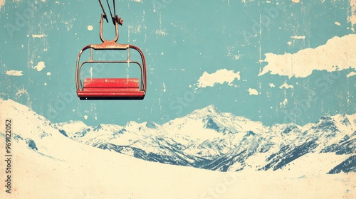 Retro illustration of a chairlift in a winter ski resort with ski slopes snow covered mountains and a blue sky with clouds
