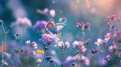 Beautiful wild flowers chamomile, purple wild peas, butterfly in morning haze in nature close-up macro. Landscape wide format photo