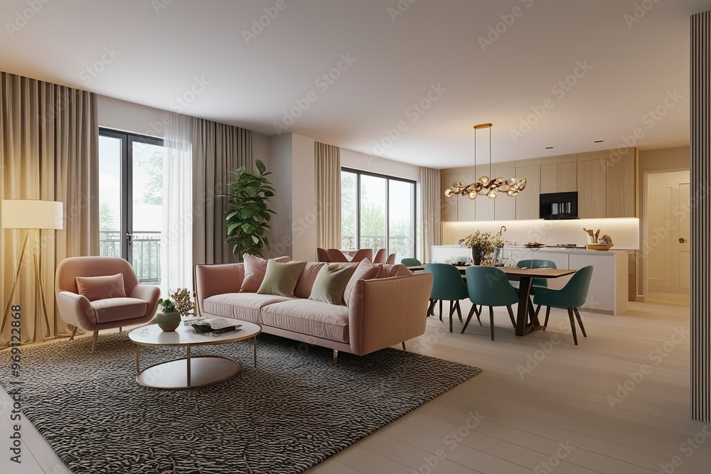 Fototapeta premium 3D Visualization of a Stylish Modern Home Featuring Cozy Sofa and Elegant Dining Furniture in Bright Living Room