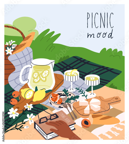 Picnic mood, summer holiday card. Food, snacks, lemonade in jug on blanket. Relaxing, eating on grass in park. Enjoying nature with cocktail, fruit, cheese and book. Flat vector illustration.