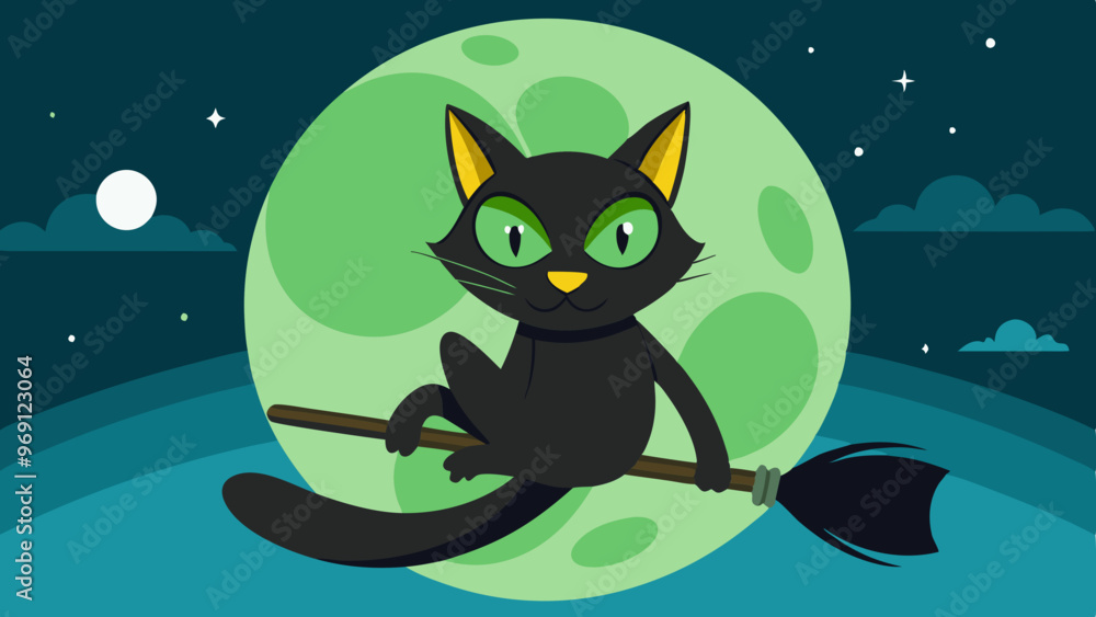 Cartoon black cat riding a broomstick against a full moon in a whimsical night sky
Cartoon black cat riding a broomstick against a full moon in a whimsical night sky