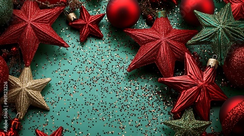 Chic Red and Green Christmas Background with Glittering Stars and Copy Space for Personalized Festive Messages or Event Invitations