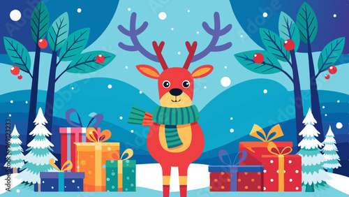 Adorable reindeer wearing a green scarf standing among colorful Christmas gifts in a snowy landscape
