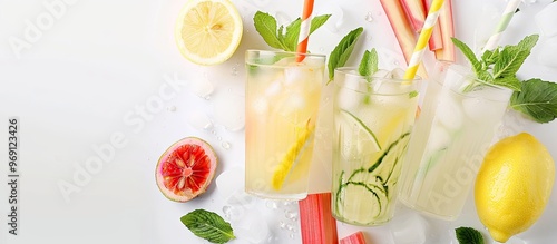 Fresh homemade summer drink with lemongrass rhubarb and lemon Promotes health packed with vitamins detoxifying and serves as a cold natural refresher White background copyspace