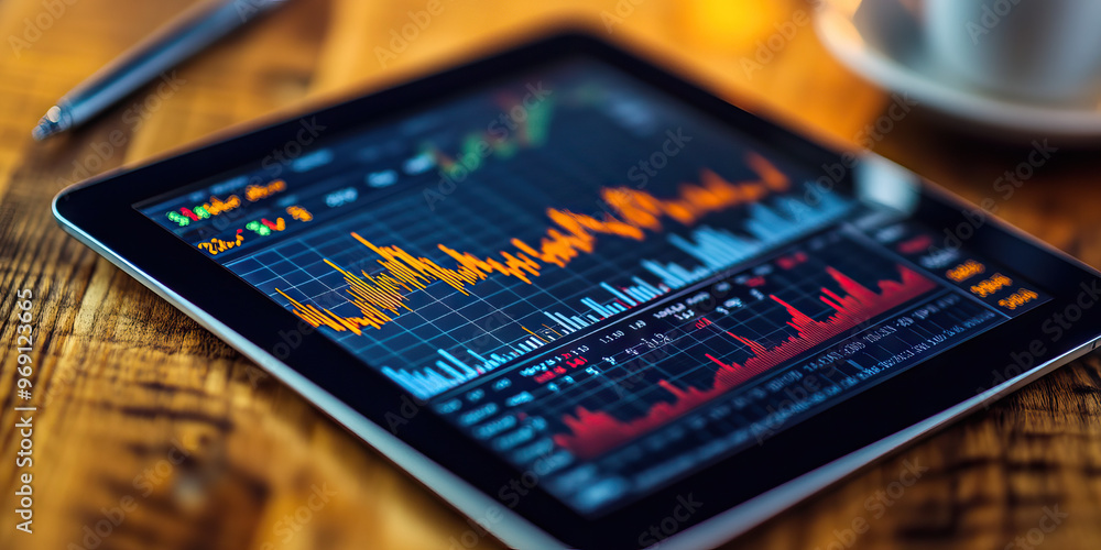 Portfolio Prosperity: A neatly organized portfolio spread, featuring diverse stocks and bonds, with a tablet displaying real-time market data and graphs. Portfolio Prosperity: A neatly organized portfolio spread, featuring diverse stocks and bonds, with a tablet displaying real-time market data and graphs.