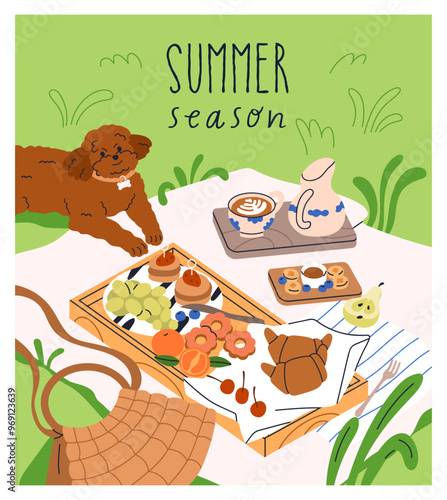 Summer holiday picnic card. Cozy outdoor lunch, breakfast with food, snack, croissant, coffee cup on blanket, cute dog on grass. Relaxing, resting in nature, park with pet. Flat vector illustration.