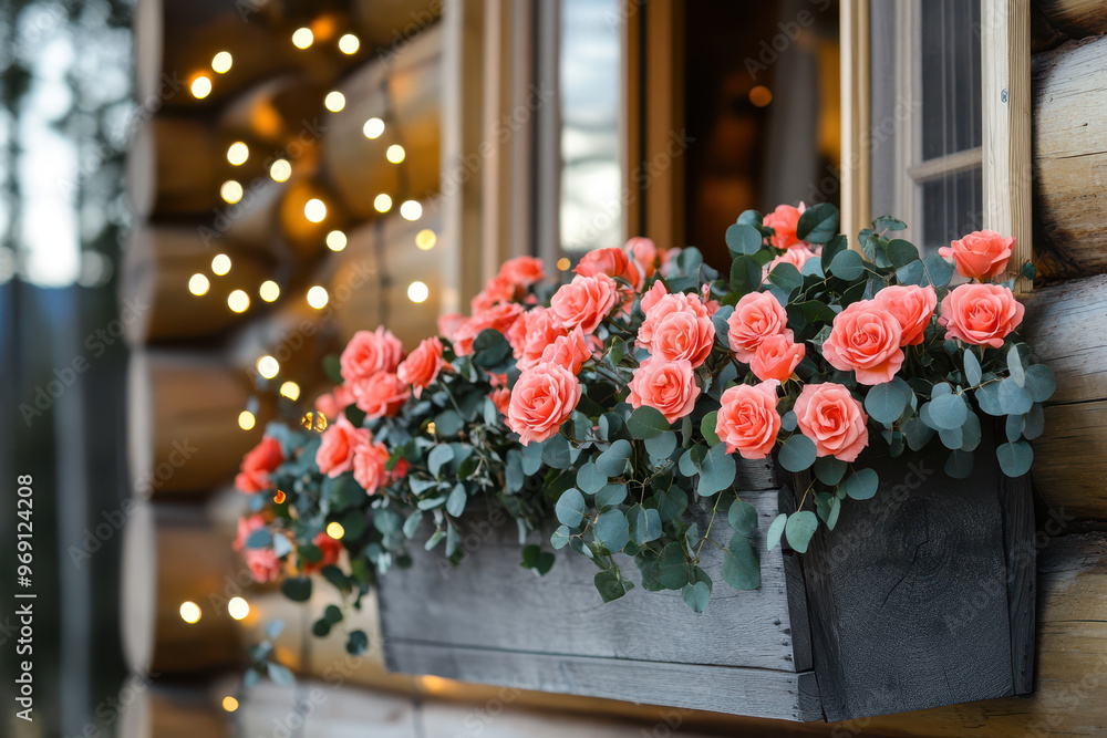 Fototapeta premium A window box filled with coral roses and eucalyptus on the front porch of an old log cabin.