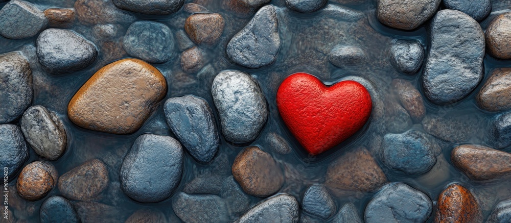 Red decorative heart on stones and water overhead view Area for text. with copy space image. Place for adding text or design Red decorative heart on stones and water overhead view Area for text. with copy space image. Place for adding text or design