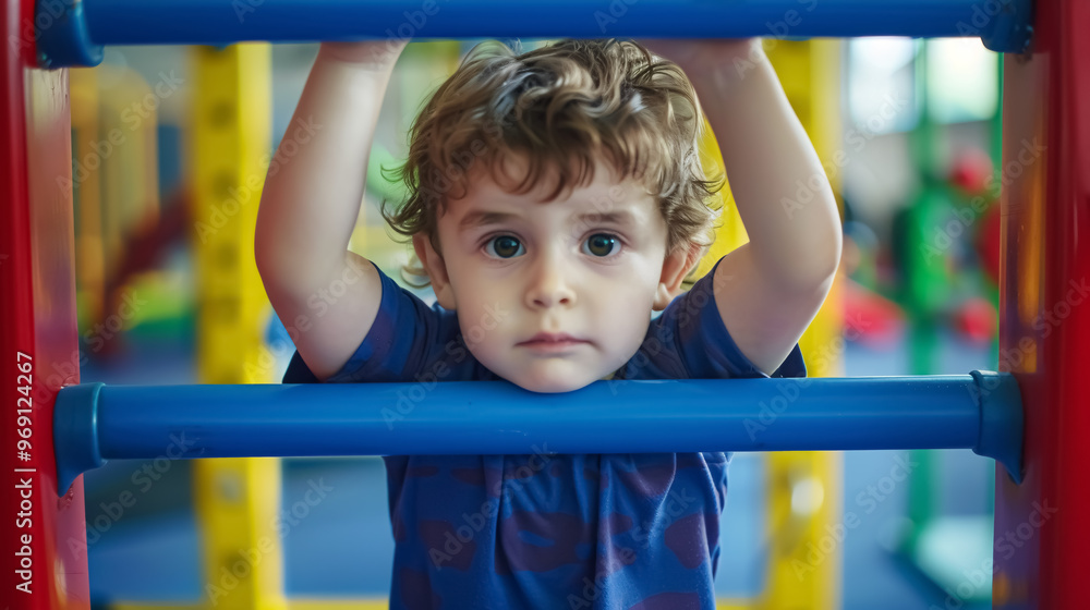 Fototapeta premium Little toddler boy working out at the indoor gym exercise.