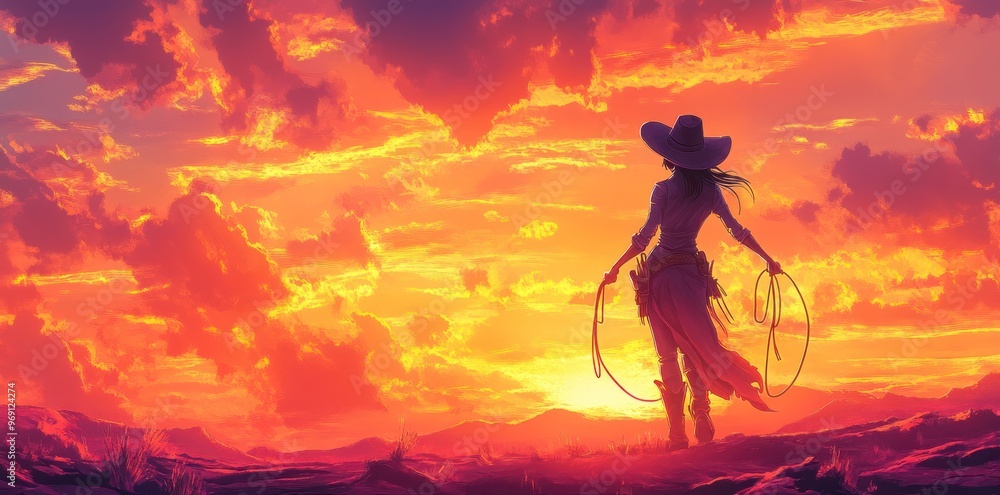 Cowgirl Silhouette at Sunset in a Desert Landscape