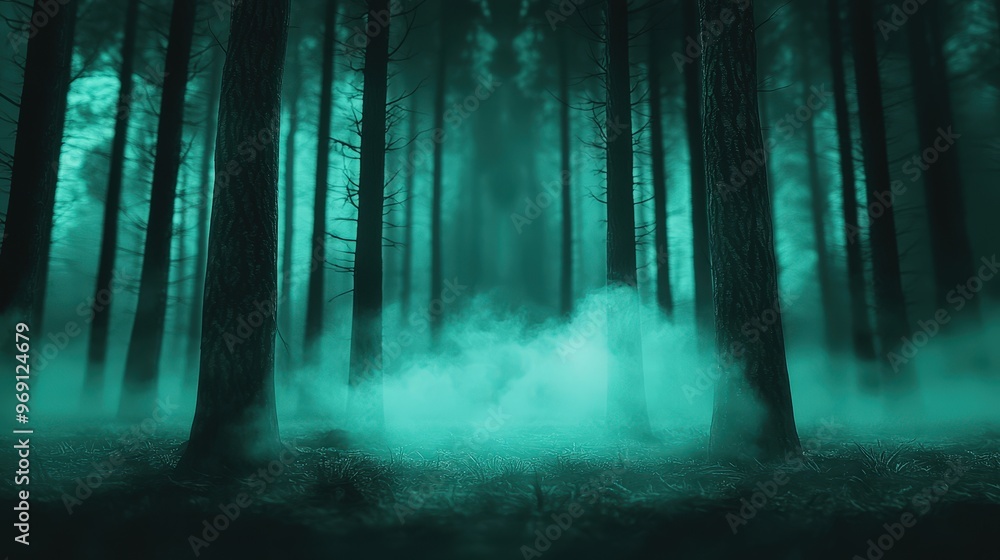 Naklejka premium Mysterious fog rolling through a dark forest.