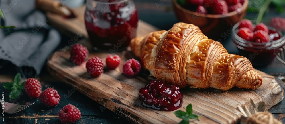 Fresh breakfast croissant and raspberry jam on a white board. with copy space image. Place for adding text or design
