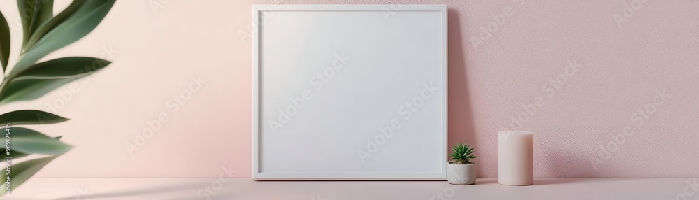 Square frame mockup leaning on a pastelcolored wall, with soft decor elements like a candle and a small succulent, feminine and modern Square frame mockup leaning on a pastelcolored wall, with soft decor elements like a candle and a small succulent, feminine and modern