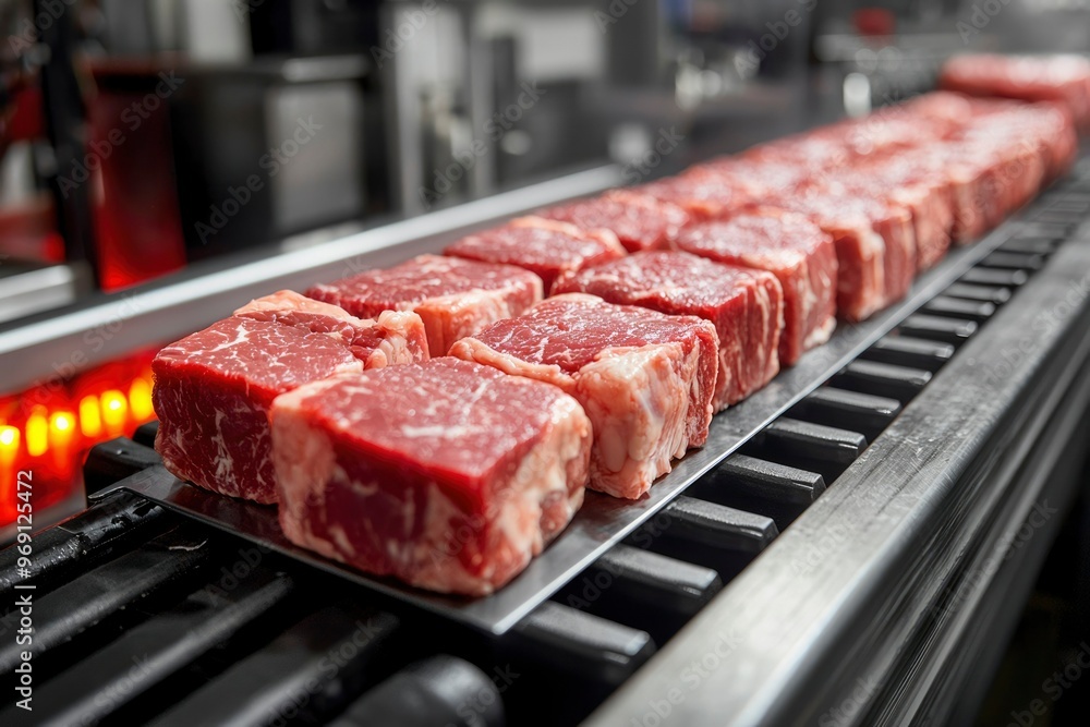 Raw Beef Steaks on Conveyor Belt in Food Processing Plant Raw Beef Steaks on Conveyor Belt in Food Processing Plant