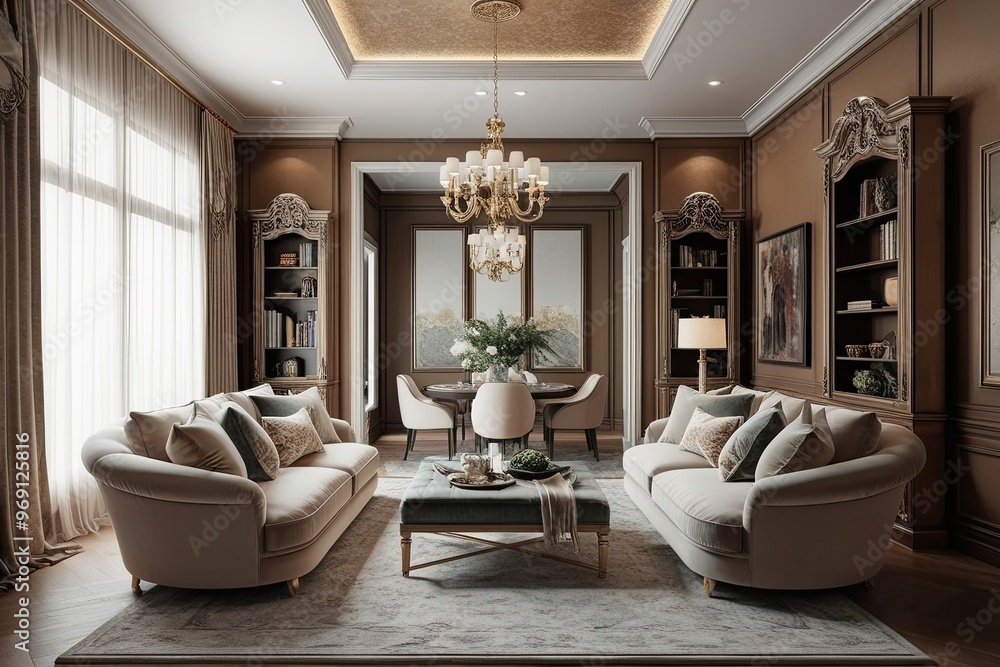 Explore a 3D Model of a Stylish Home Showcasing a Cozy Sofa Inviting Dining Area and Trendy Bookshelf in a Luxurious Setting Explore a 3D Model of a Stylish Home Showcasing a Cozy Sofa Inviting Dining Area and Trendy Bookshelf in a Luxurious Setting