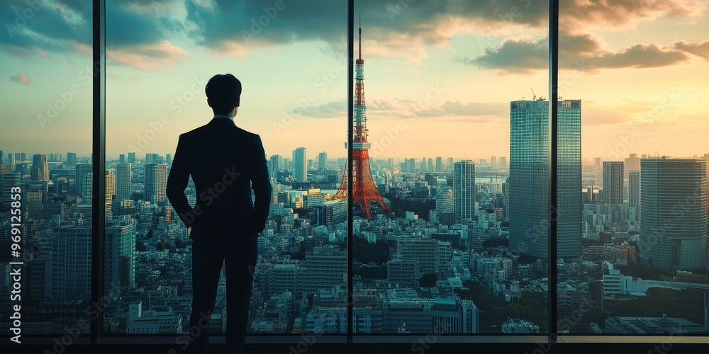 Fototapeta premium A man in a suit looks out a window at