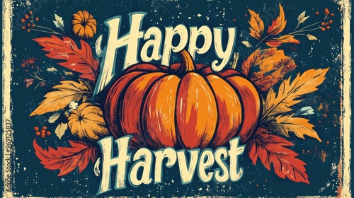 Retro illustration featuring the phrase Happy Harvest with a decorative pumpkin and autumn themed elements Unique hand lettering design for creative coloring fun