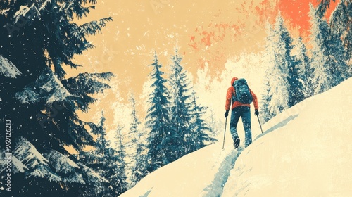 Hiker traversing a snowy slope in a snow covered forest during winter after recent snowfall photo