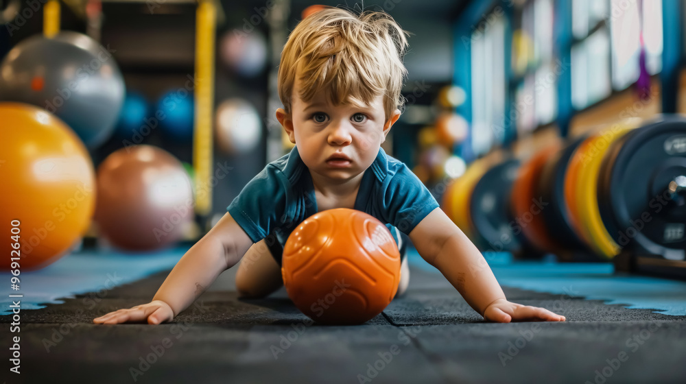 Fototapeta premium Little toddler boy working out at the indoor gym exercise.
