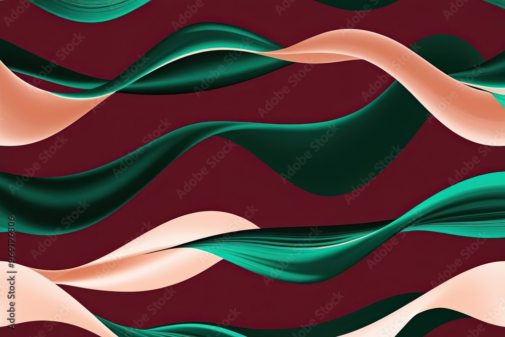 Fototapeta premium Vibrant Emerald Green and Gentle Peach Wave Pattern on Luxurious Burgundy Background