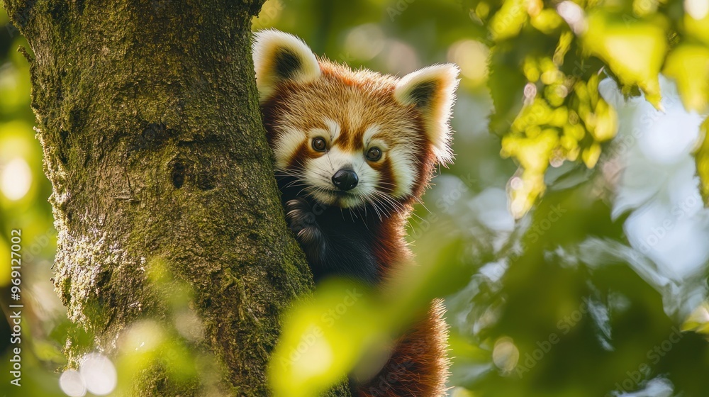 Naklejka premium A red panda peeks from behind a tree, surrounded by lush green foliage.