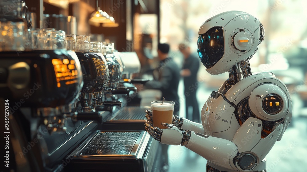 Autonomous robotic baristas in futuristic cafes serving personalized drinks: Customers ordering coffee from fully automated robotic baristas. Autonomous robotic baristas in futuristic cafes serving personalized drinks: Customers ordering coffee from fully automated robotic baristas.