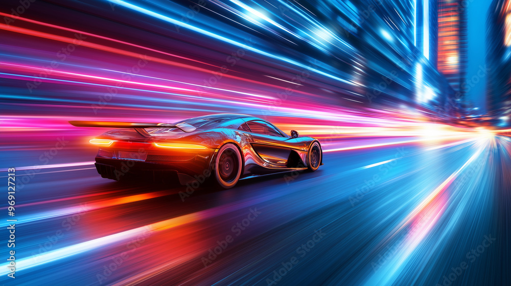 Speeding Racing Car in Neon Blur Lights at Evening Race - Concept of Competitive Motor Sport Speeding Racing Car in Neon Blur Lights at Evening Race - Concept of Competitive Motor Sport
