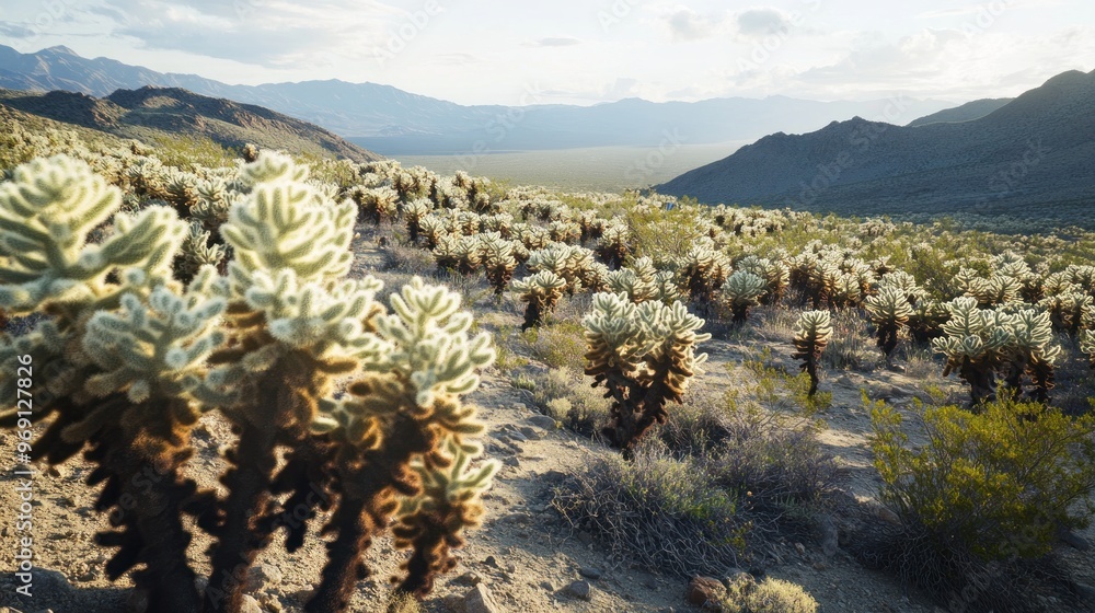 A desert landscape featuring a field of cacti under a cloudy sky. A desert landscape featuring a field of cacti under a cloudy sky.