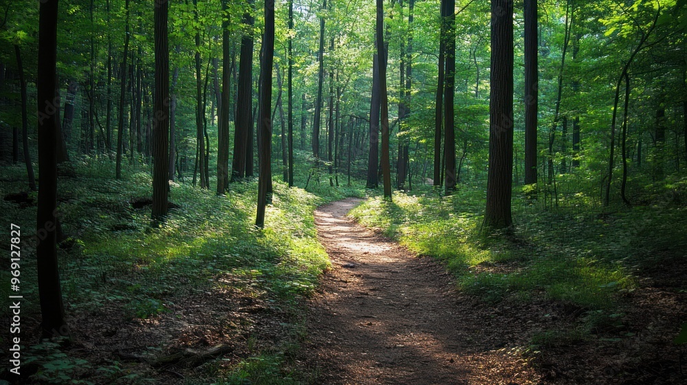 Obraz premium A serene forest path surrounded by lush greenery and soft sunlight filtering through trees.