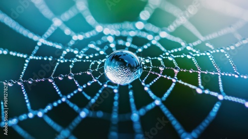 A close-up of a spider web adorned with dewdrops, showcasing nature's intricate beauty.