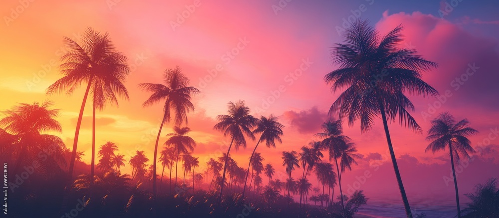 Fototapeta premium Dark outlines of coconut palm trees set against a vibrant sunset sky on a tropical island Background for vacation and exotic travel concepts. with copy space image. Place for adding text or design